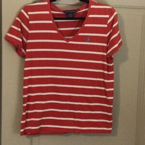 Ralph Lauren Red and White Striped V-Neck Tee